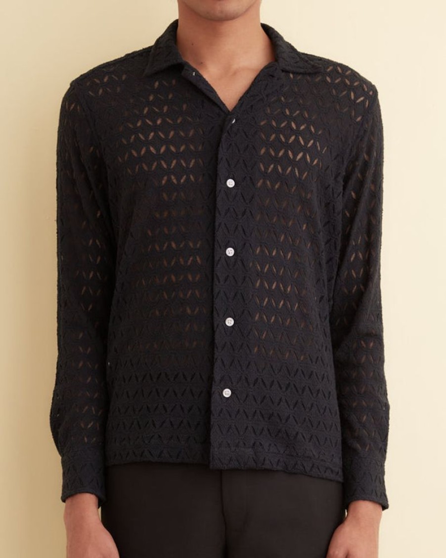 BODE New York Lattice Lace Long Sleeve Shirt - Black | Shirts