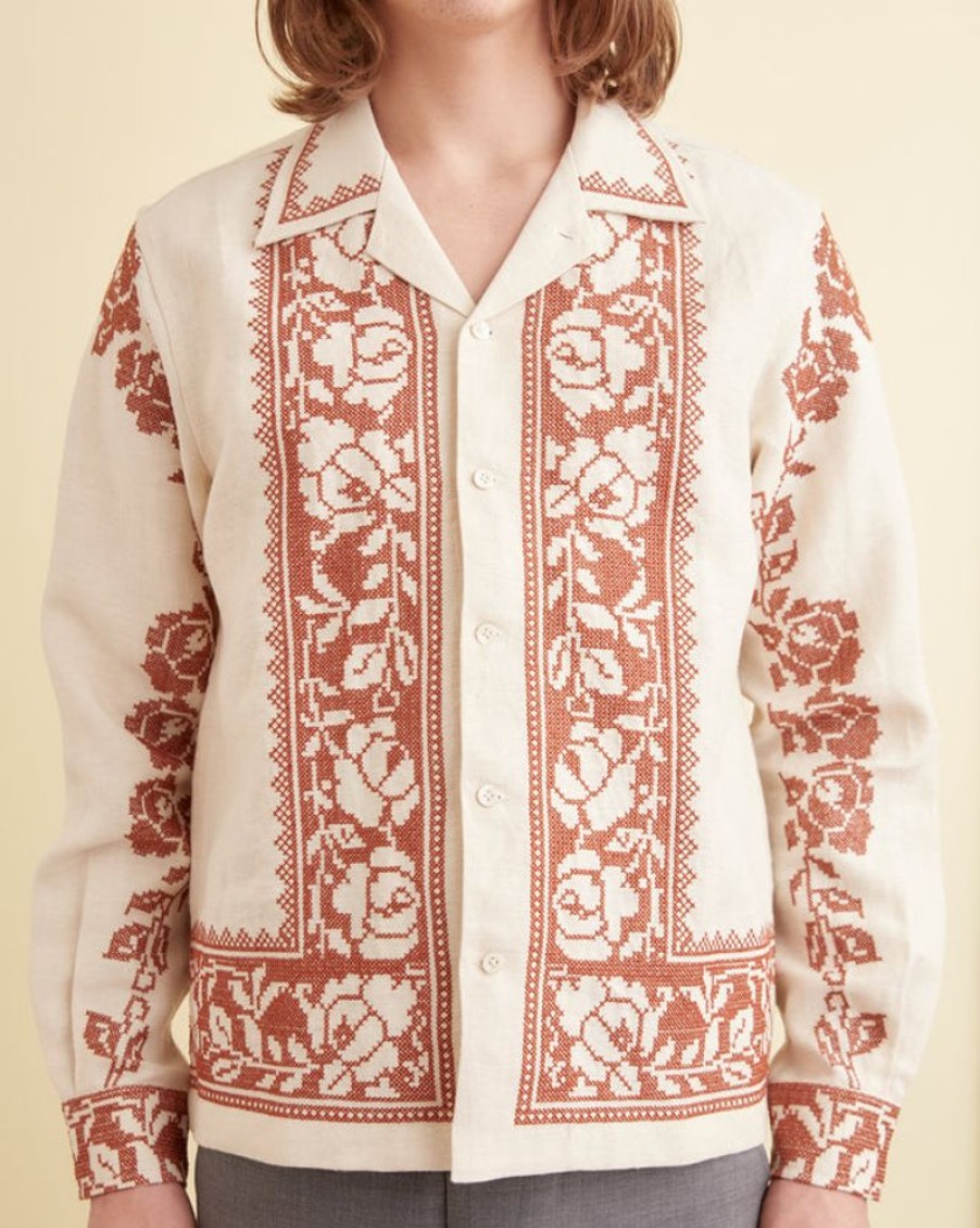 BODE New York Cross-Stitched Rose Garland Long Sleeve Shirt | Shirts