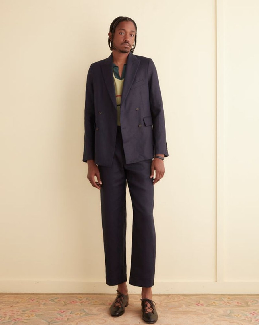 BODE New York Linen Double-Breasted Suit Jacket - Navy | Outerwear