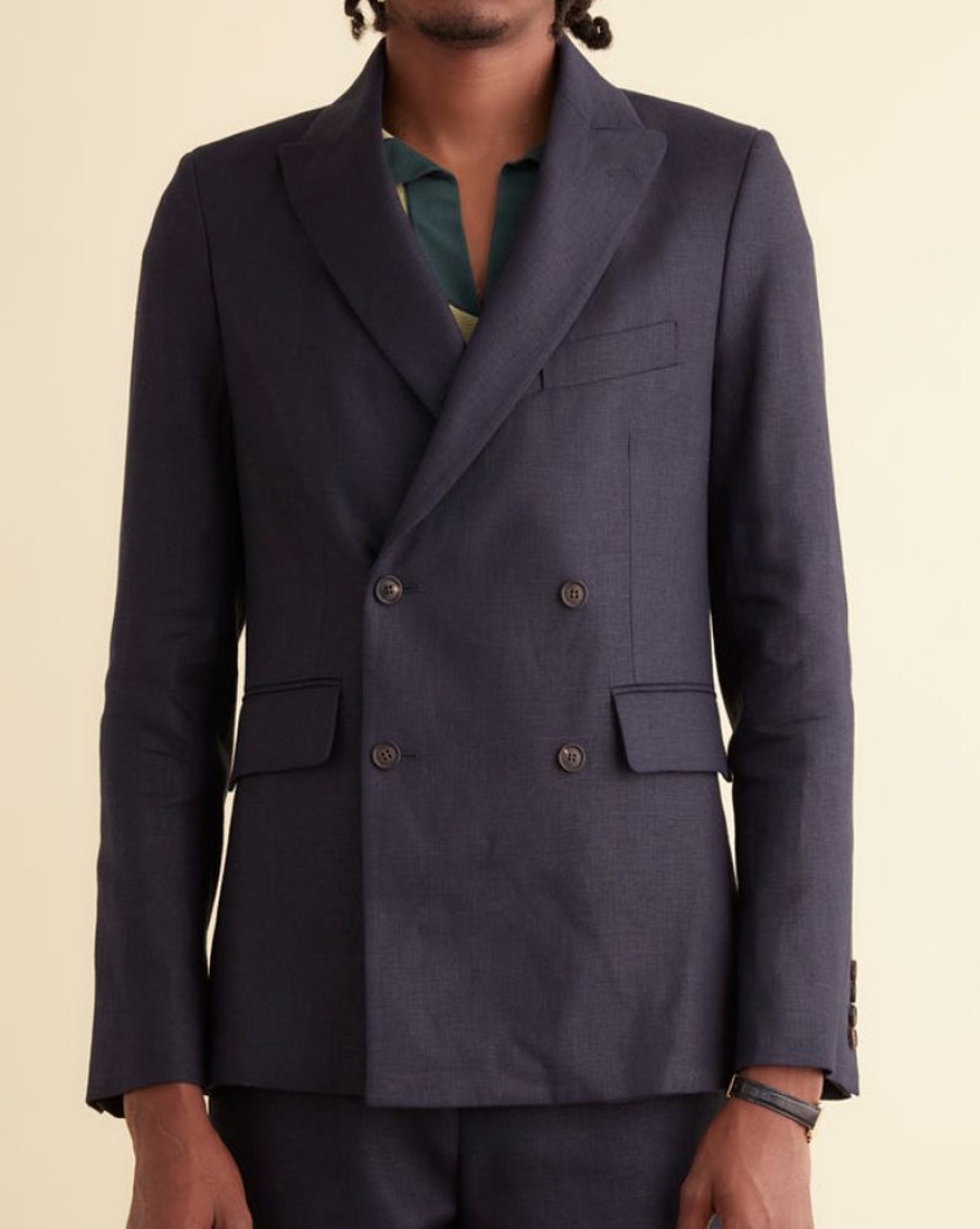 BODE New York Linen Double-Breasted Suit Jacket - Navy | Outerwear