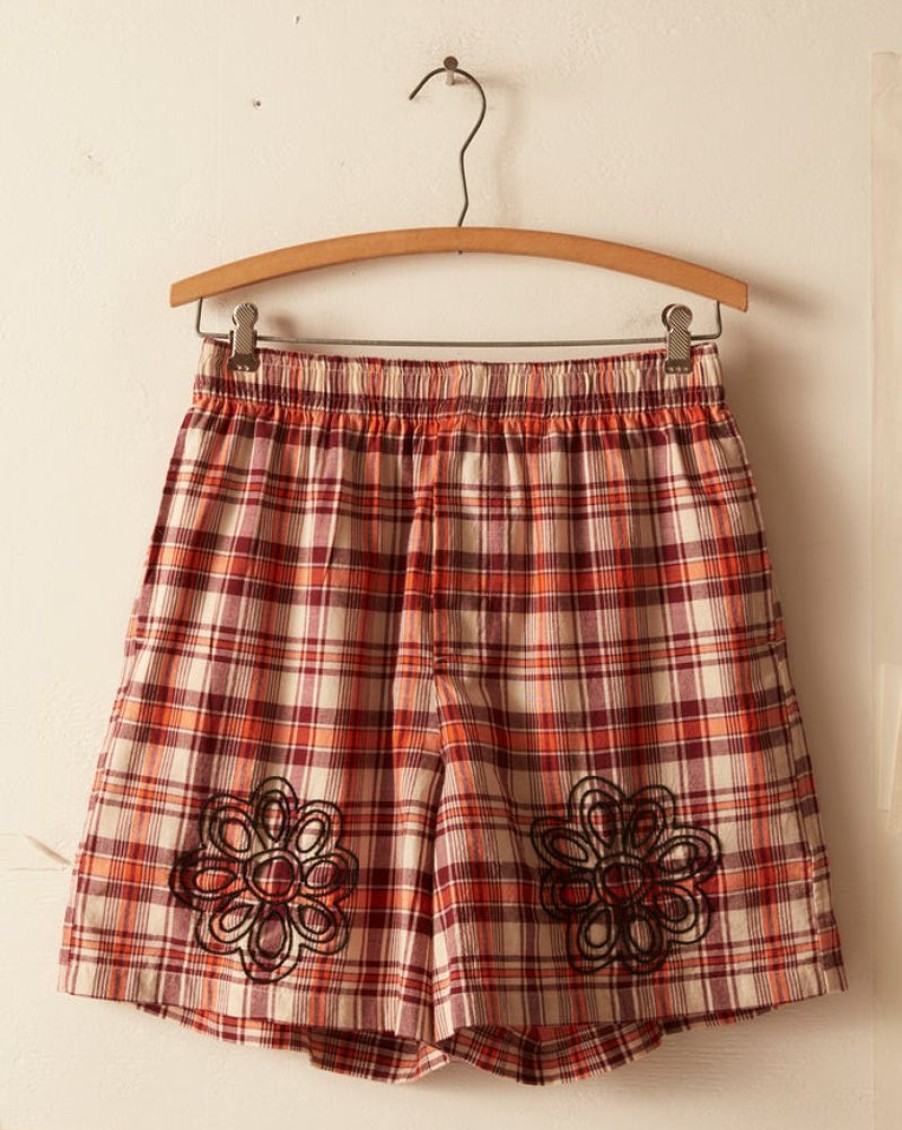 BODE New York Beaded Floral Madras Shorts - Red | Shorts