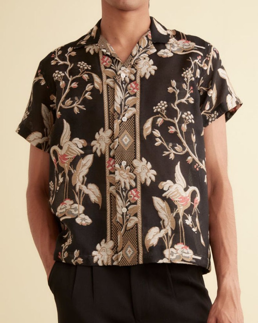 BODE New York Sheer Cranes Short Sleeve Shirt | Shirts