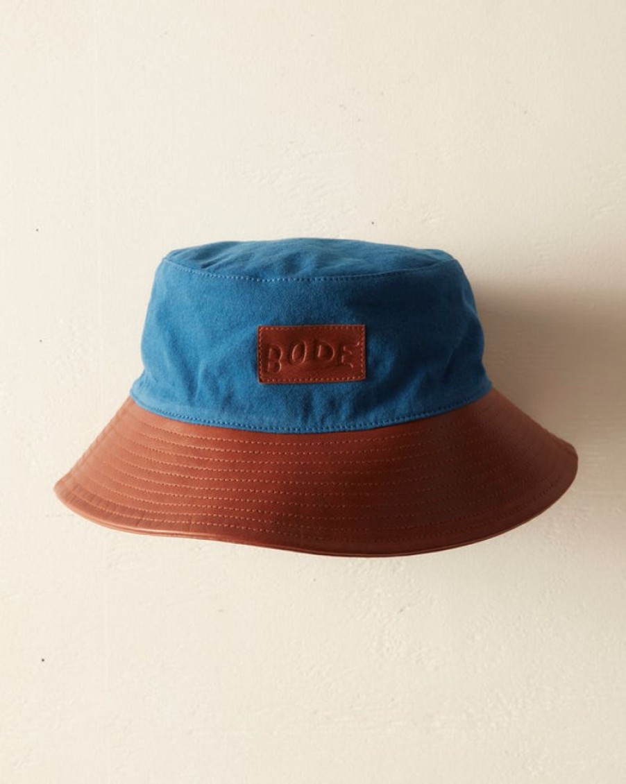 BODE New York Leather Brim Bucket Hat - Tan/Blue | Accessories