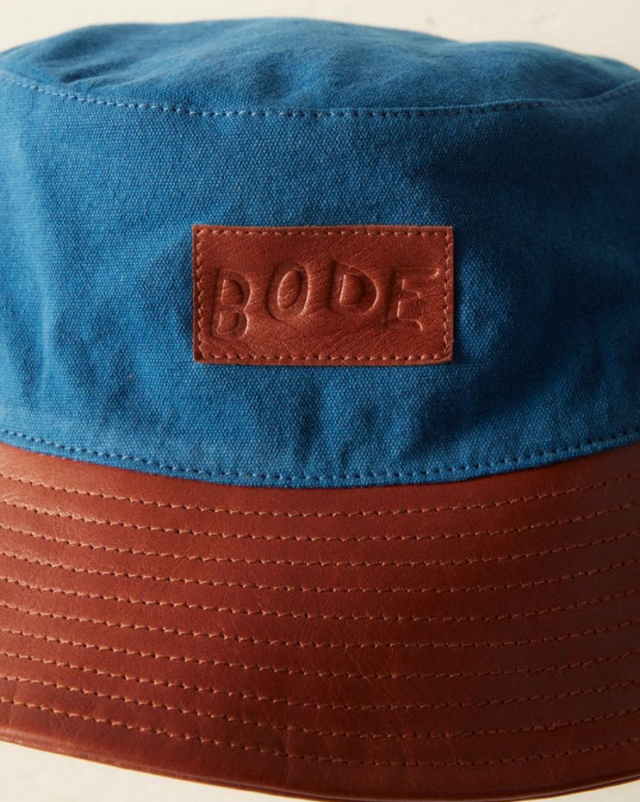 BODE New York Leather Brim Bucket Hat - Tan/Blue | Accessories