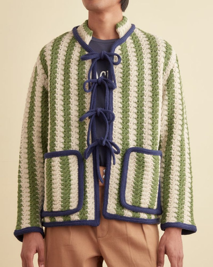 BODE New York Bold Stripe Cardigan - Green/Cream | Knitwear