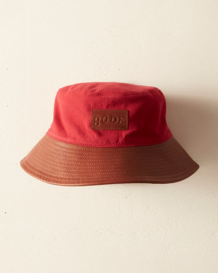 BODE New York Leather Brim Bucket Hat - Tan/Red | Accessories