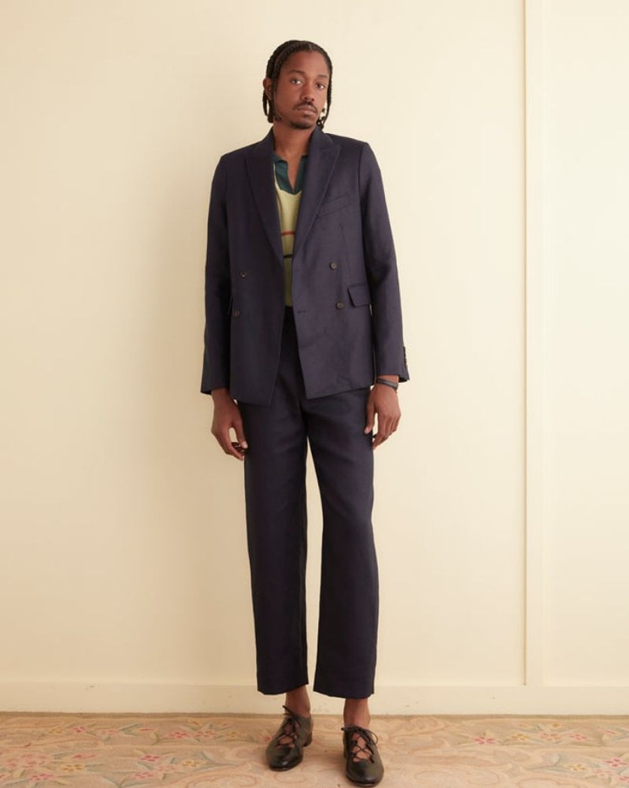 BODE New York Linen Double-Breasted Suit Jacket - Navy | Suiting