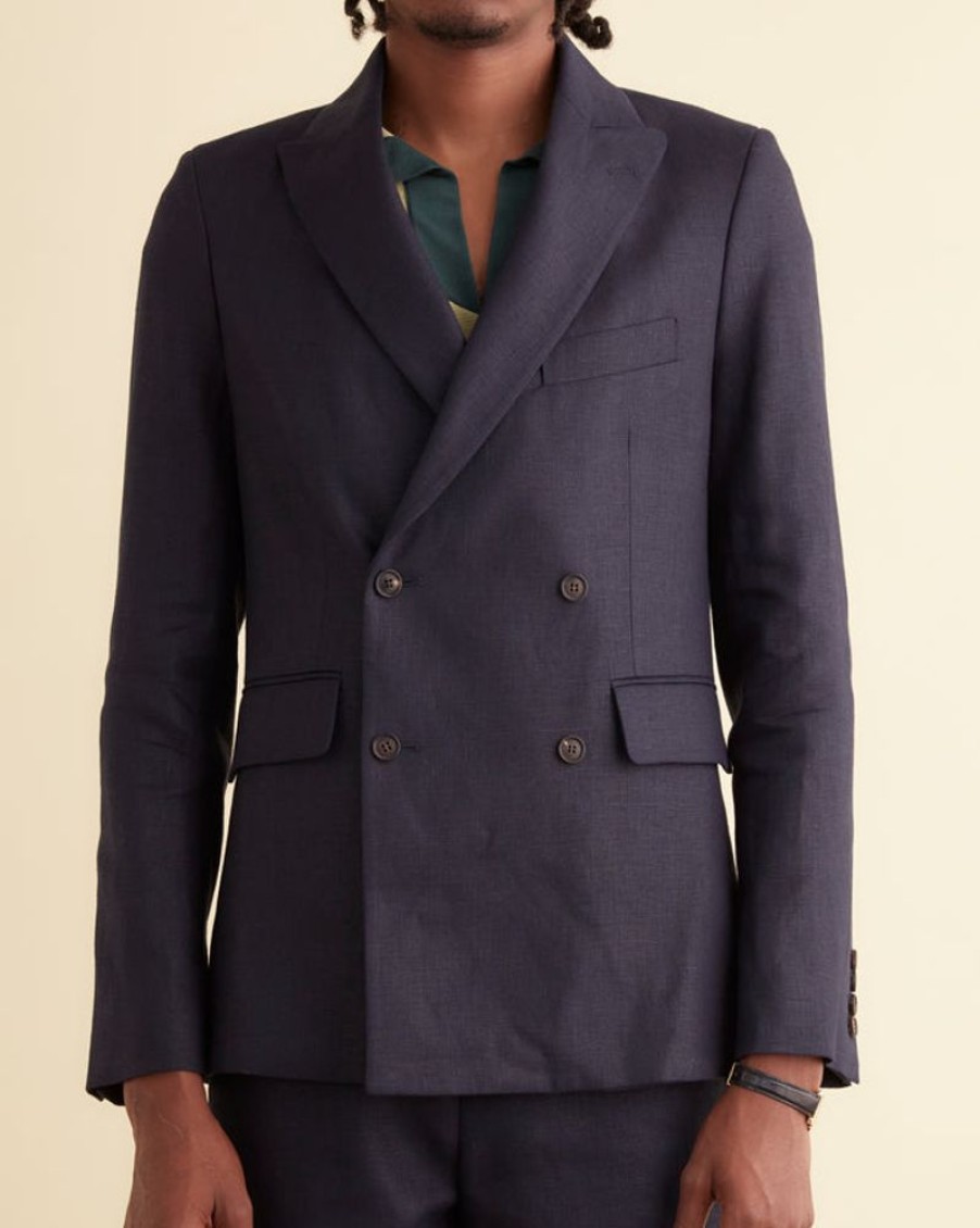 BODE New York Linen Double-Breasted Suit Jacket - Navy | Suiting