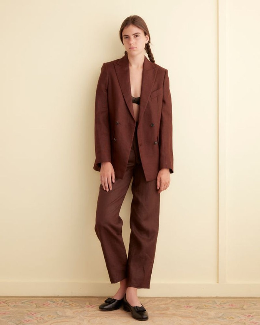 BODE New York Linen Double-Breasted Suit Jacket - Chocolate | Outerwear