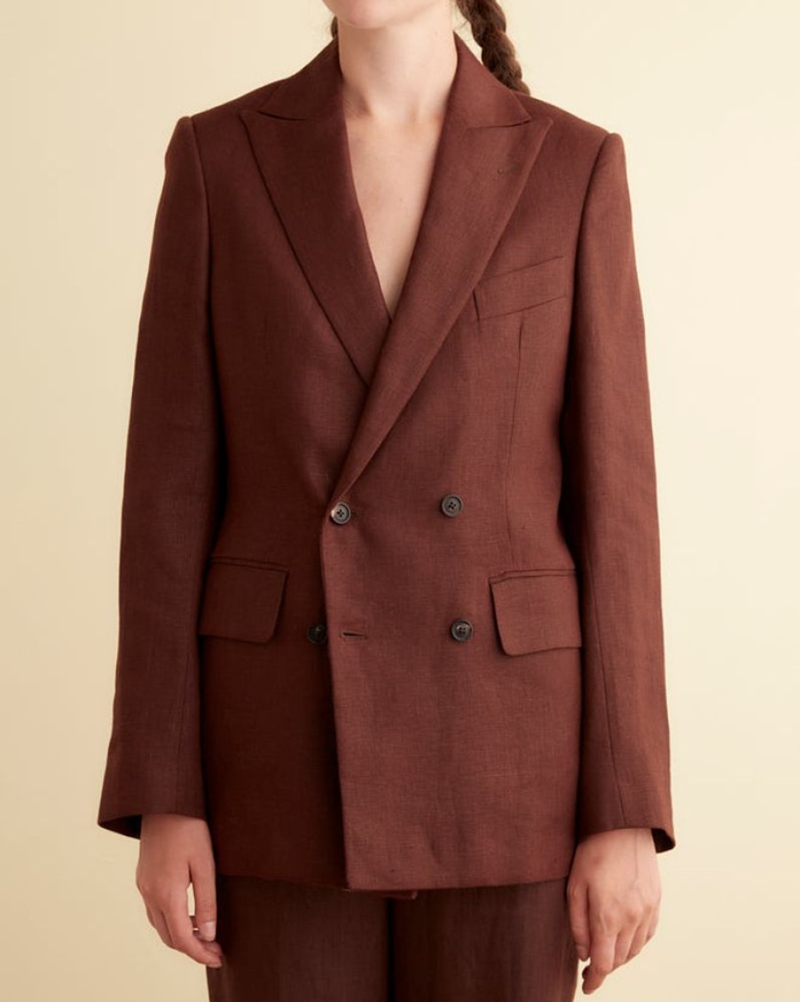 BODE New York Linen Double-Breasted Suit Jacket - Chocolate | Outerwear